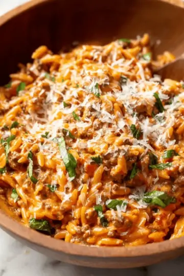 Ground Beef Orzo with Tomato Cream Sauce