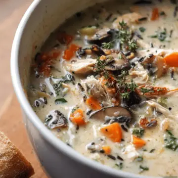 Creamy Wild Rice Chicken Soup with Roasted Mushrooms.