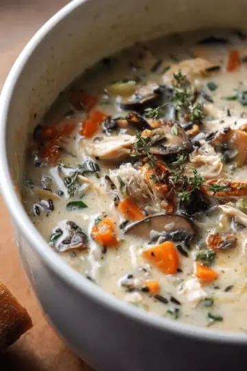 Creamy Wild Rice Chicken Soup with Roasted Mushrooms.