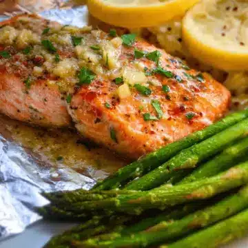 Baked Salmon in Foil with Asparagus and Garlic Butter Sauce