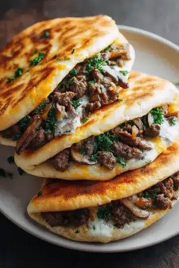 Cheesy Beef and Mushroom Pita Pockets