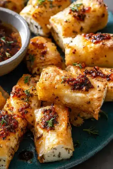 Oven Fried Feta Rolls with Chili Honey.