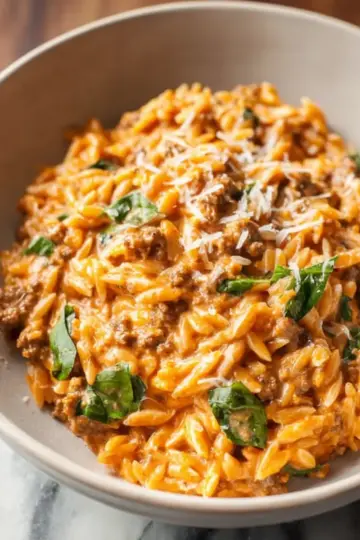 Ground Beef Orzo with Tomato Cream Sauce