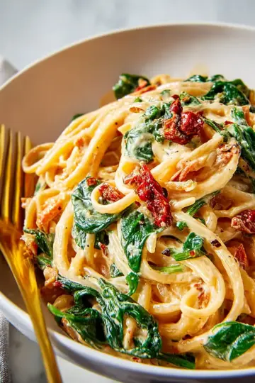 Spaghetti & Spinach with Sun-Dried Tomato Cream Sauce