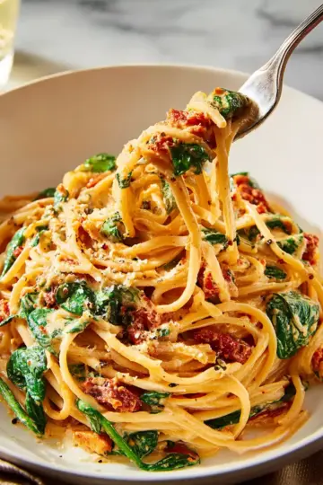 Spaghetti & Spinach with Sun-Dried Tomato Cream Sauce