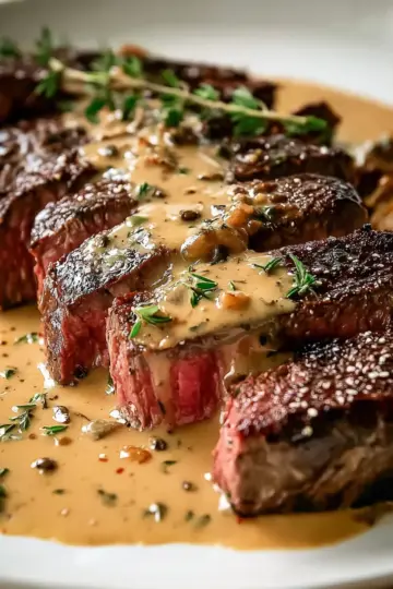 French Seared Steak with Cognac Cream Sauce