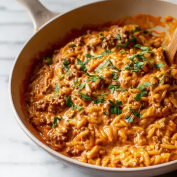 Ground Beef Orzo with Tomato Cream Sauce