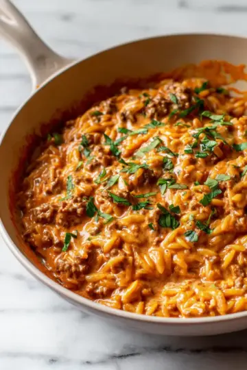 Ground Beef Orzo with Tomato Cream Sauce