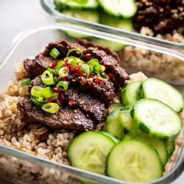 Korean Beef with Brown Rice and Cucumber Salad