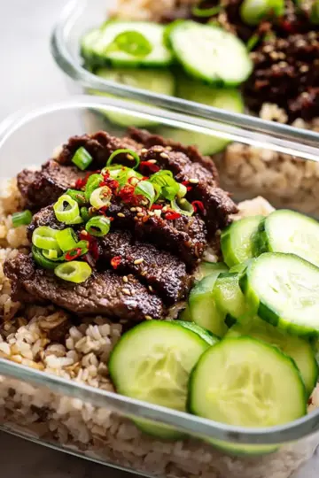 Korean Beef with Brown Rice and Cucumber Salad